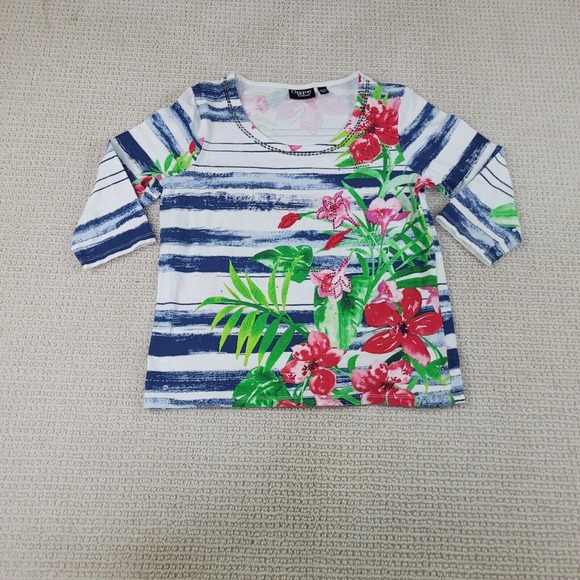 Onque Casuals Tops - Onqe Casual Shirt Womens PM White Long Sleeve Casual Blouse Floral Graphic Print